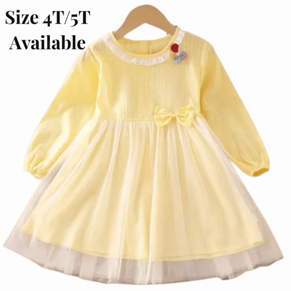 Christmas Dresses size 4T yellow Tulle overlay long sleeve eyelet pearl flower - Picture 1 of 7